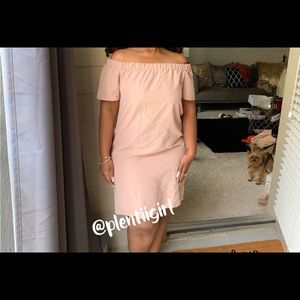 Blush suede off the shoulder dress